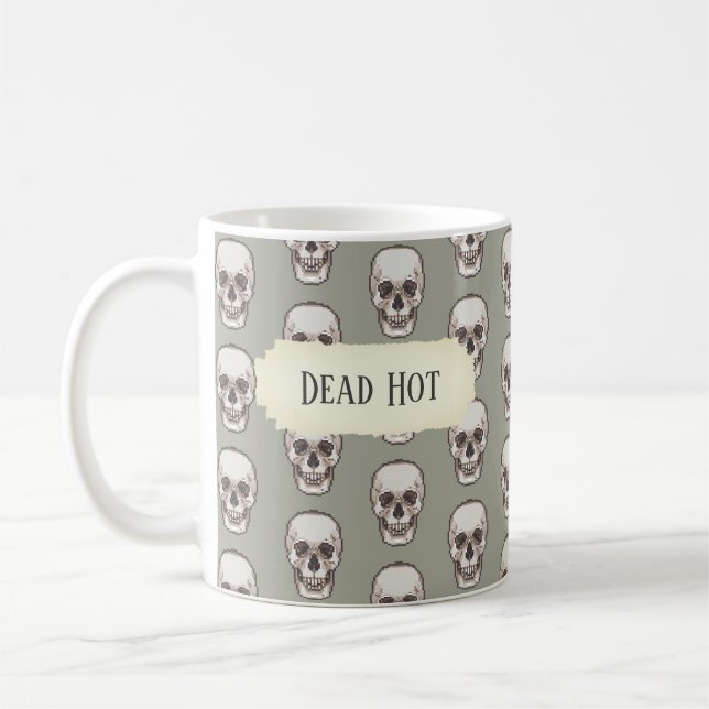 Funny Skull Dead Hot Gothic Gray Pixel Art Pattern Kaffemugg (Vänster)