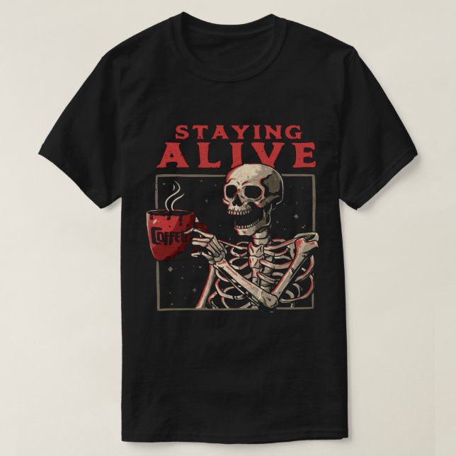 Funny Skull som stannar levande Skeleton som drick T Shirt (Design framsida)