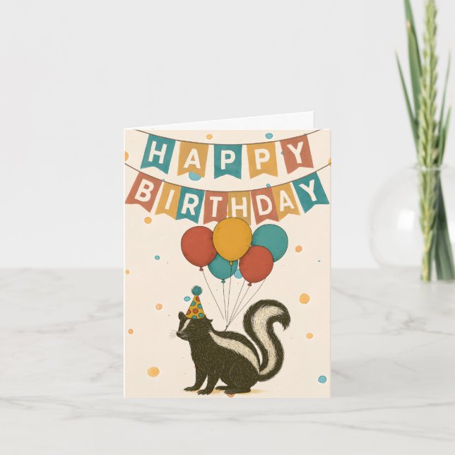 Funny Skunk Birthday Card - Balloons & Party Hat Kort (Framsida)