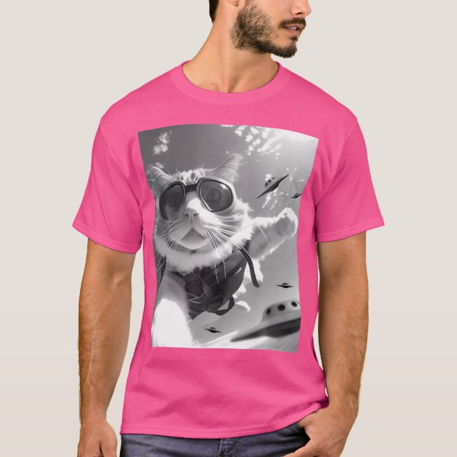 Funny Skydiving Cat Selfie med Alien Ufos T Shirt (Framsida)