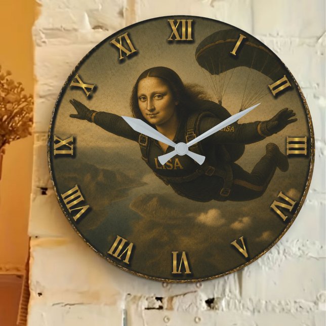 Funny Skydiving Mona Lisa Parachute Skydiver Gift Stor Klocka (Skapare uppladdad)