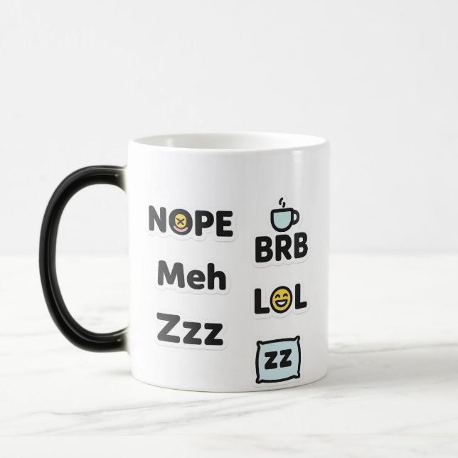 Funny Slang Mugg - Nope, Meh, BRB, LOL, Zzz (Vänster)