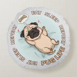 Funny Sleeping Pug Round Pillow | Eat Sleep Repeat Rund Kudde