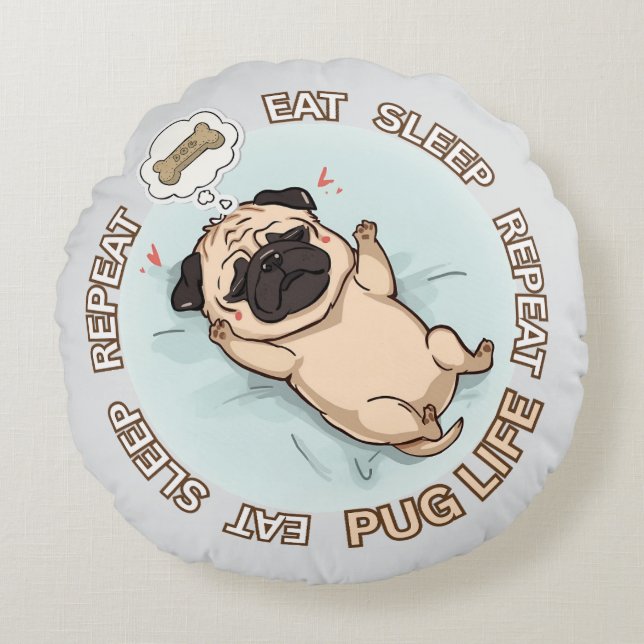 Funny Sleeping Pug Round Pillow | Eat Sleep Repeat Rund Kudde (Framsidan)