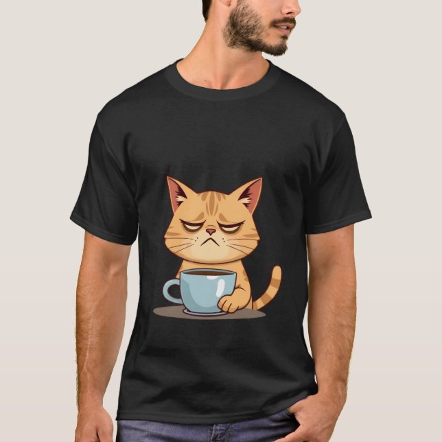 Funny Sleepy Ginger Cat Needs Coffee Morning ✨🐾☕ T Shirt (Framsida)