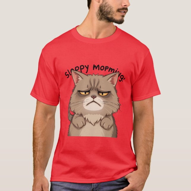 Funny Sleepy Morning Grey Cat Tired  ✨🐾🥱 T Shirt (Framsida)