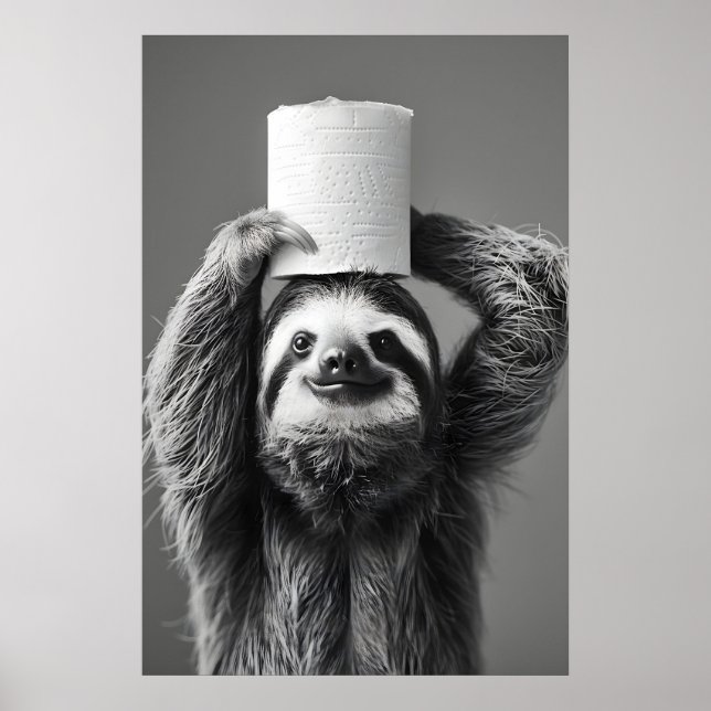 Funny Sloth Bathroom Art Print, Toilet Paper Roll Poster (Framsidan)