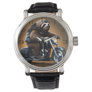Funny Sloth Bikie på en motorcykel. Armbandsur
