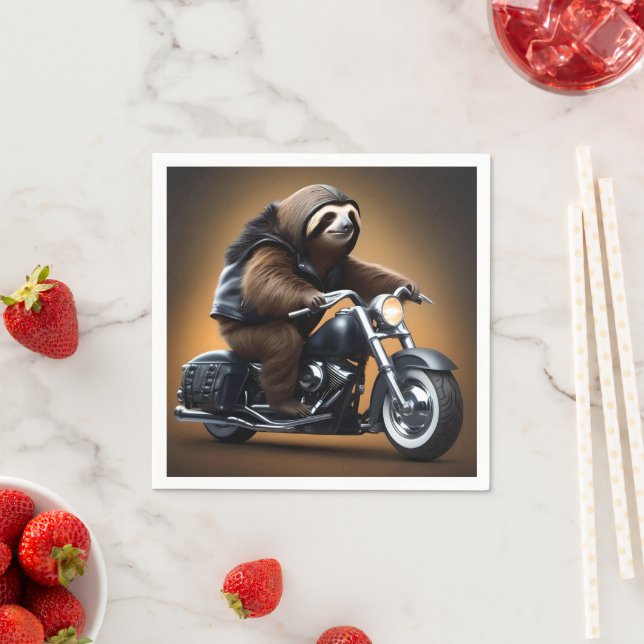 Funny Sloth Bikie på en motorcykel. Pappersservett (Insitu)
