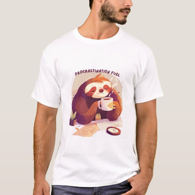 Funny Sloth Coffee T-Shirt - Procrastination Fuel (Framsida)