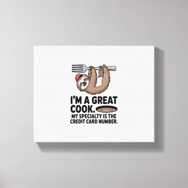 Funny Sloth Cook Hanging på en gaffel Canvastryck (Framsida)