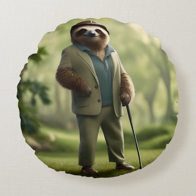 Funny Sloth Golf Player, Throw Cushion Rund Kudde (Framsidan)