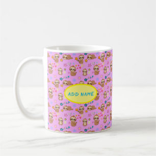 Funny Sloth Hearts Blommigt Rosa Mönster Lägg Kaffemugg
