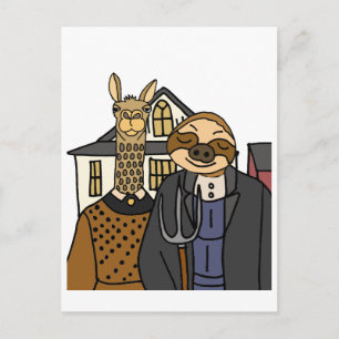 Funny Sloth och Llama American Gothic Artwork Vykort