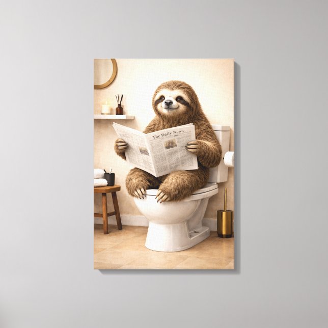 Funny Sloth Reading Newspaper Bathroom Humor Canvastryck (Framsida)