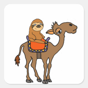 Funny Sloth Riding Camel Tecknad Fyrkantigt Klistermärke