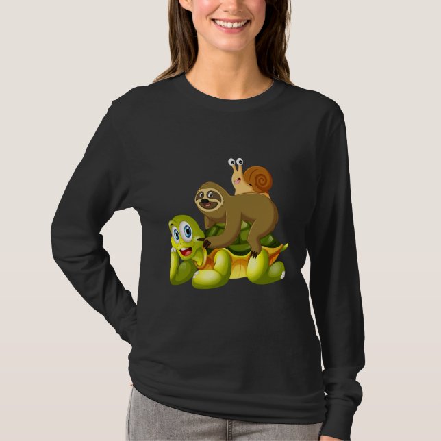 Funny Sloth Riding Turtle Snigel Cute Slow Animals T Shirt (Framsida)