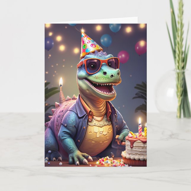 Funny Smiling Dinosaur i Party | Kort (Framsida)