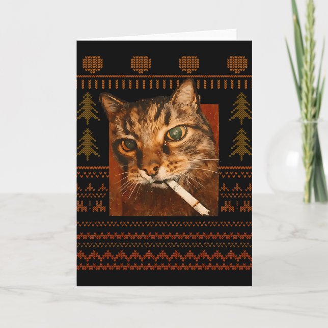 Funny Smoking Cat Meme Christmas Ugly For Men Wome Kort (Framsida)