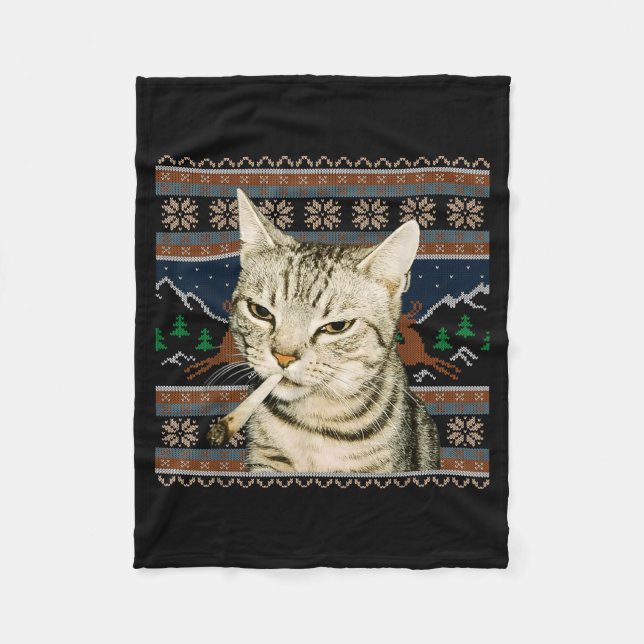 Funny Smoking Cat Meme Christmas Ugly Sweater Cat  Fleecefilt (Framsidan)