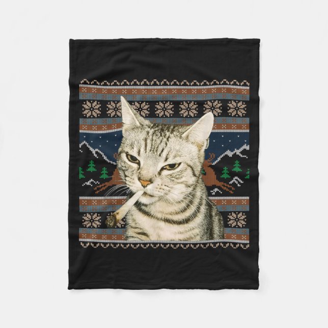 Funny Smoking Cat Meme Christmas Ugly Sweater Cat  Fleecefilt (Framsidan)