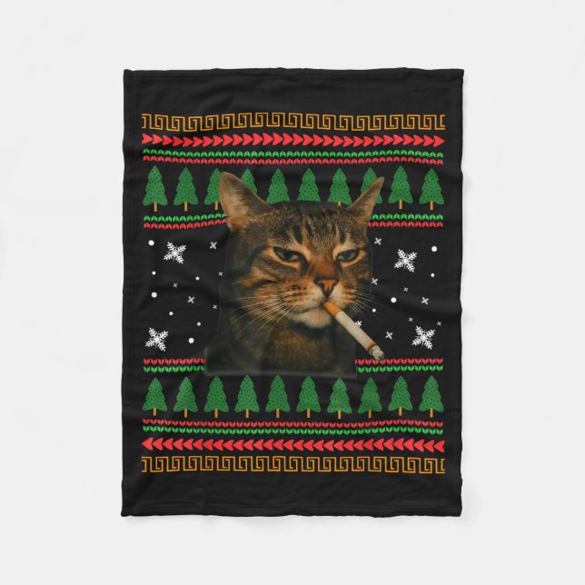 Funny Smoking Cat Meme Christmas Ugly Sweater Cat  Fleecefilt (Framsidan)