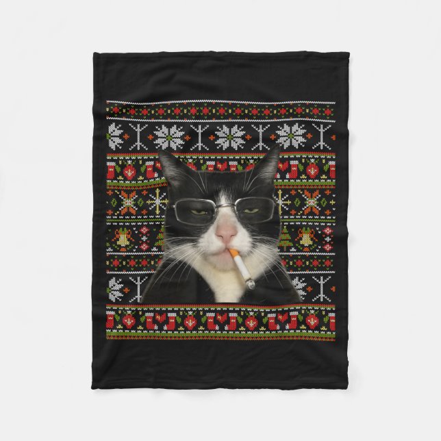 Funny Smoking Cat Meme Christmas Ugly Sweater Cat  Fleecefilt (Framsidan)
