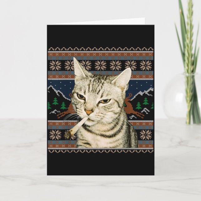 Funny Smoking Cat Meme Christmas Ugly Sweater Cat  Kort (Framsida)