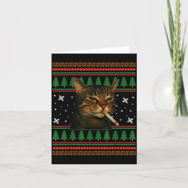 Funny Smoking Cat Meme Christmas Ugly Sweater Cat  Kort (Framsida)