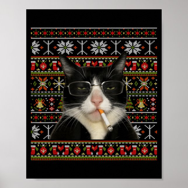 Funny Smoking Cat Meme Christmas Ugly Sweater Cat  Poster (Framsidan)