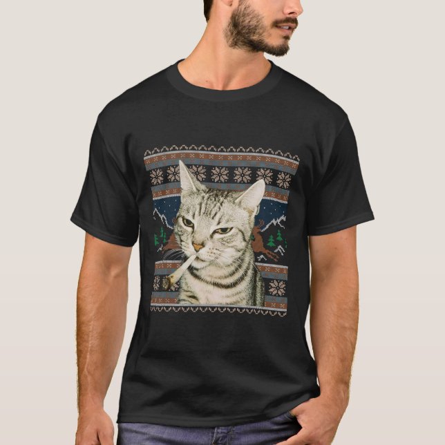 Funny Smoking Cat Meme Christmas Ugly Sweater Cat  T Shirt (Framsida)