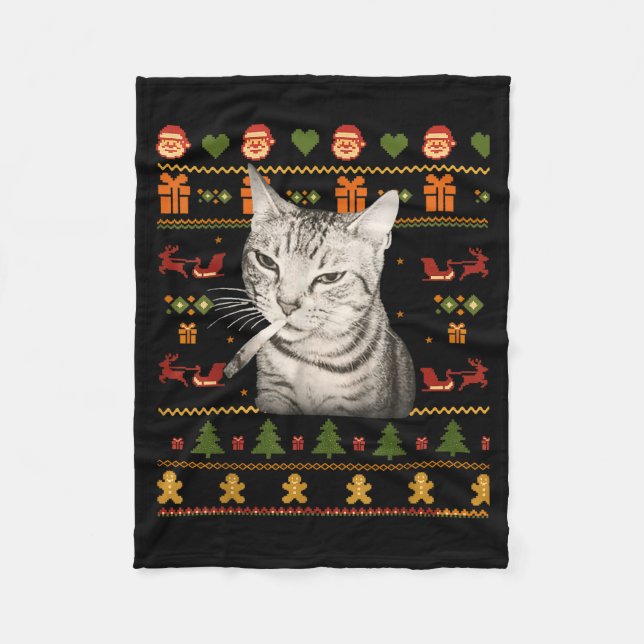 Funny Smoking Cat Meme Christmas Ugly Sweaters For Fleecefilt (Framsidan)