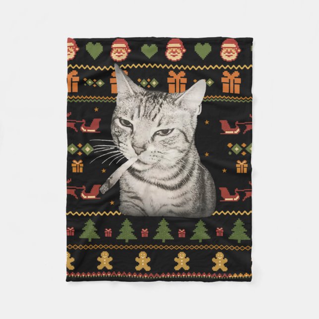 Funny Smoking Cat Meme Christmas Ugly Sweaters For Fleecefilt (Framsidan)