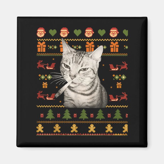 Funny Smoking Cat Meme Christmas Ugly Sweaters For Magnet (Framsidan)