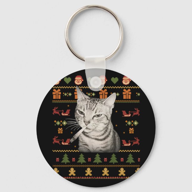 Funny Smoking Cat Meme Christmas Ugly Sweaters For Nyckelring (Framsida)