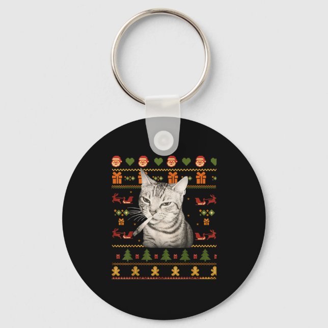 Funny Smoking Cat Meme Christmas Ugly Sweaters For Nyckelring (Framsida)
