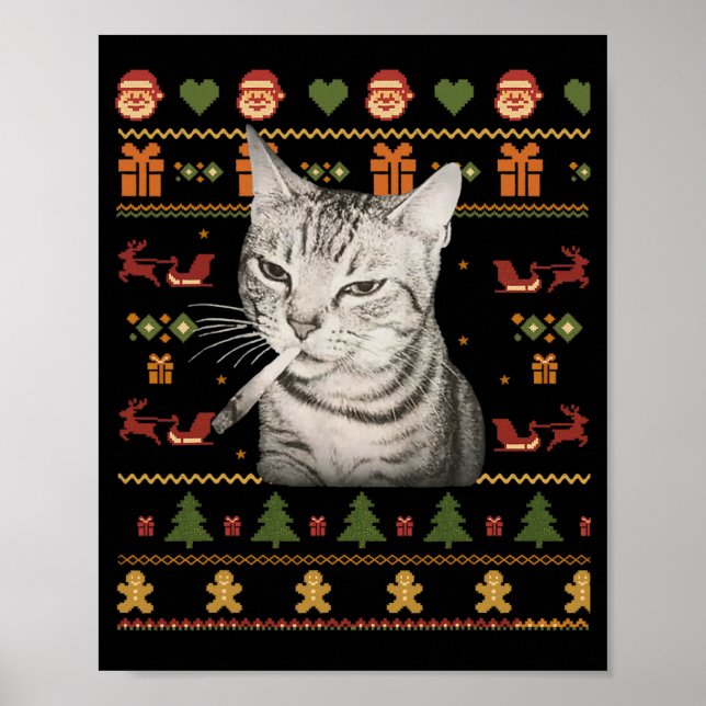 Funny Smoking Cat Meme Christmas Ugly Sweaters For Poster (Framsidan)
