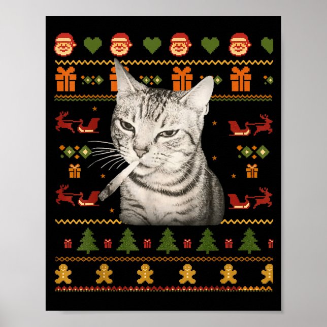 Funny Smoking Cat Meme Christmas Ugly Sweaters For Poster (Framsidan)