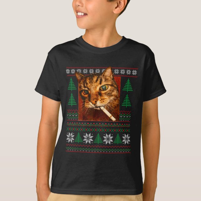 Funny Smoking Cat Meme Christmas Ugly  T Shirt (Framsida)