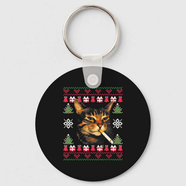 Funny Smoking Cat Meme Ugly Christmas Sweater For  Nyckelring (Framsida)