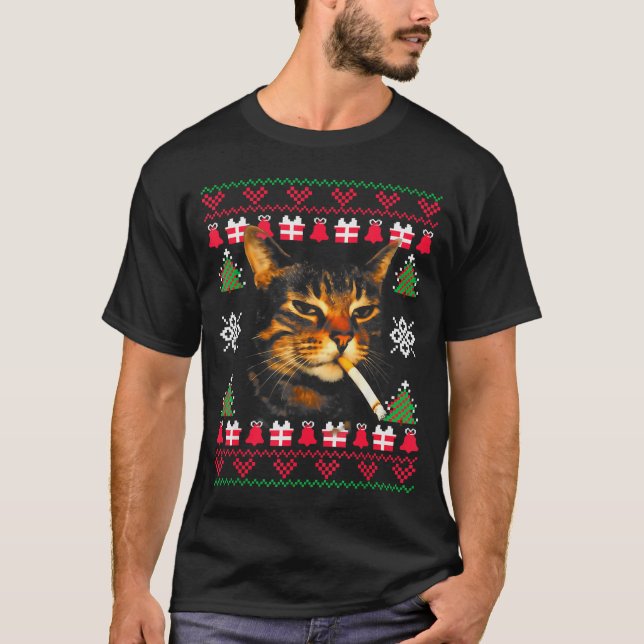Funny Smoking Cat Meme Ugly Christmas Sweater For  T Shirt (Framsida)