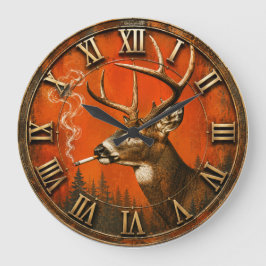 Funny Smoking Deer Rustic Hunting Cabin Stor Klocka