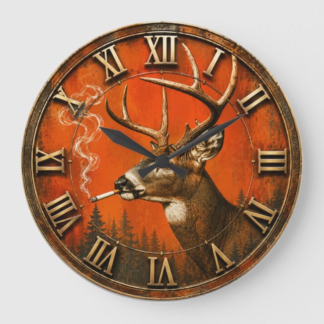 Funny Smoking Deer Rustic Hunting Cabin  Stor Klocka (Framsida)