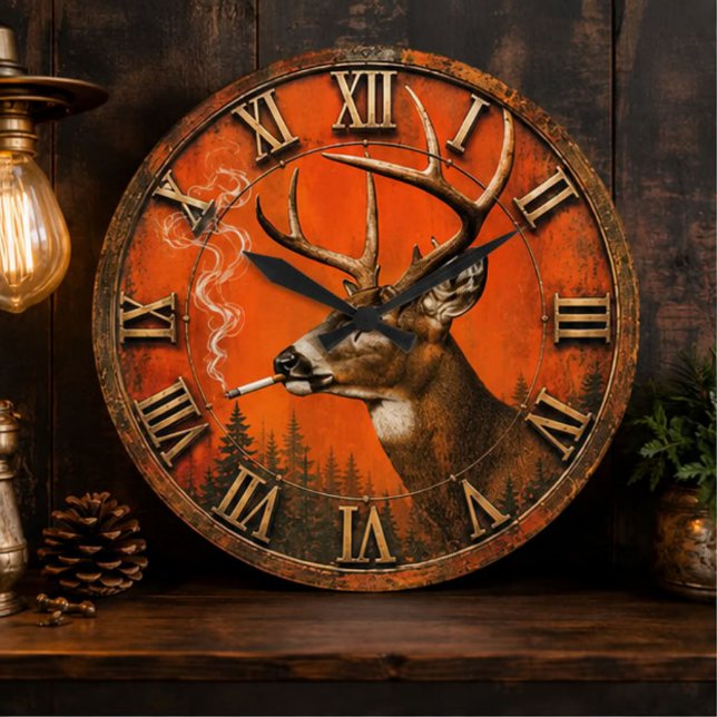 Funny Smoking Deer Rustic Hunting Cabin  Stor Klocka (Skapare uppladdad)