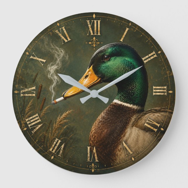 Funny Smoking Duck Hunter Cabin  Stor Klocka (Framsida)