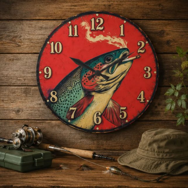 Funny Smoking Fish Fisherman  Stor Klocka (Skapare uppladdad)