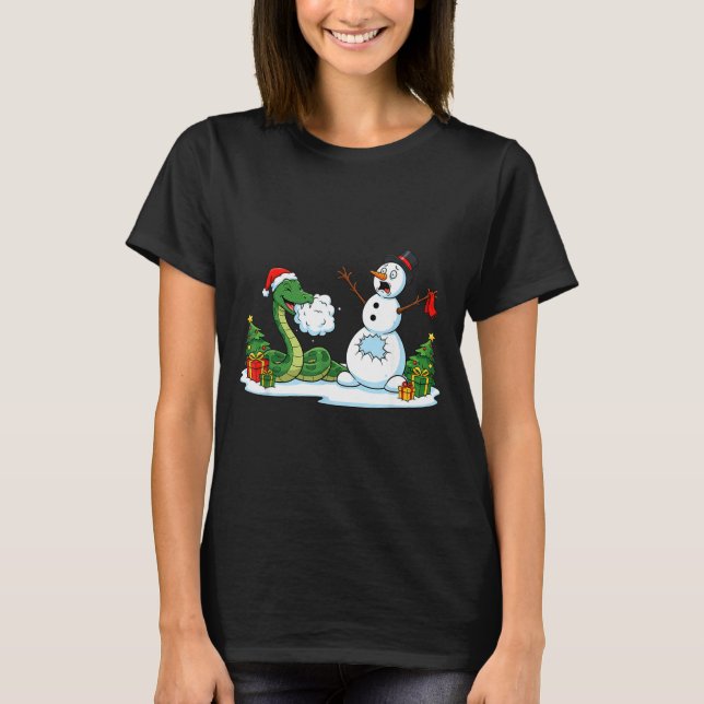Funny Snake Snowman Christmas Tree Xmas Womens Men T Shirt (Framsida)