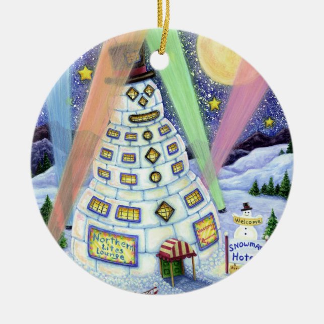 FUNNY SNÖGUBBE HOTEL, NORDIN LJUS och PENGUINER Julgransprydnad Keramik (Framsidan)