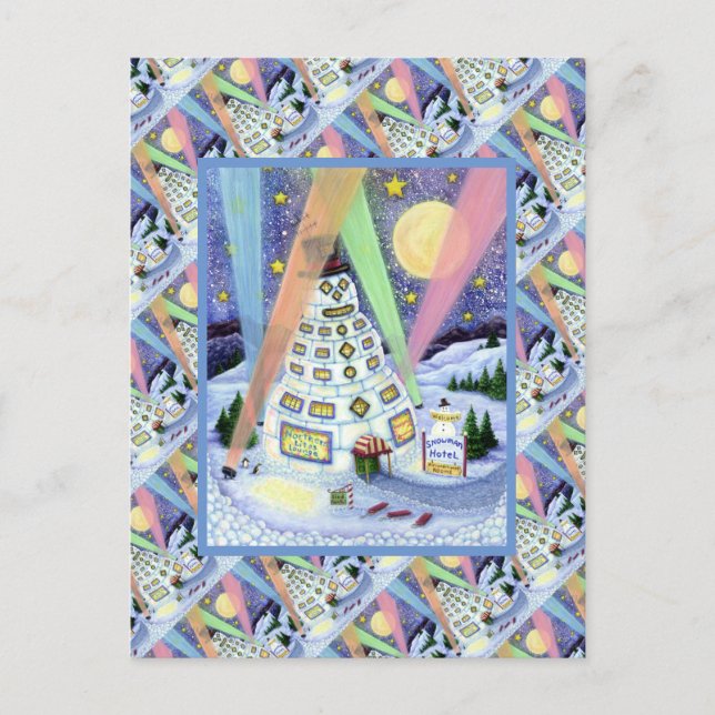 FUNNY SNÖGUBBE HOTEL, NORDIN LJUS och PENGUINER Vykort (Framsida)