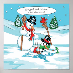 Funny Snögubbe med Hett Chocolate-Tecknad Poster